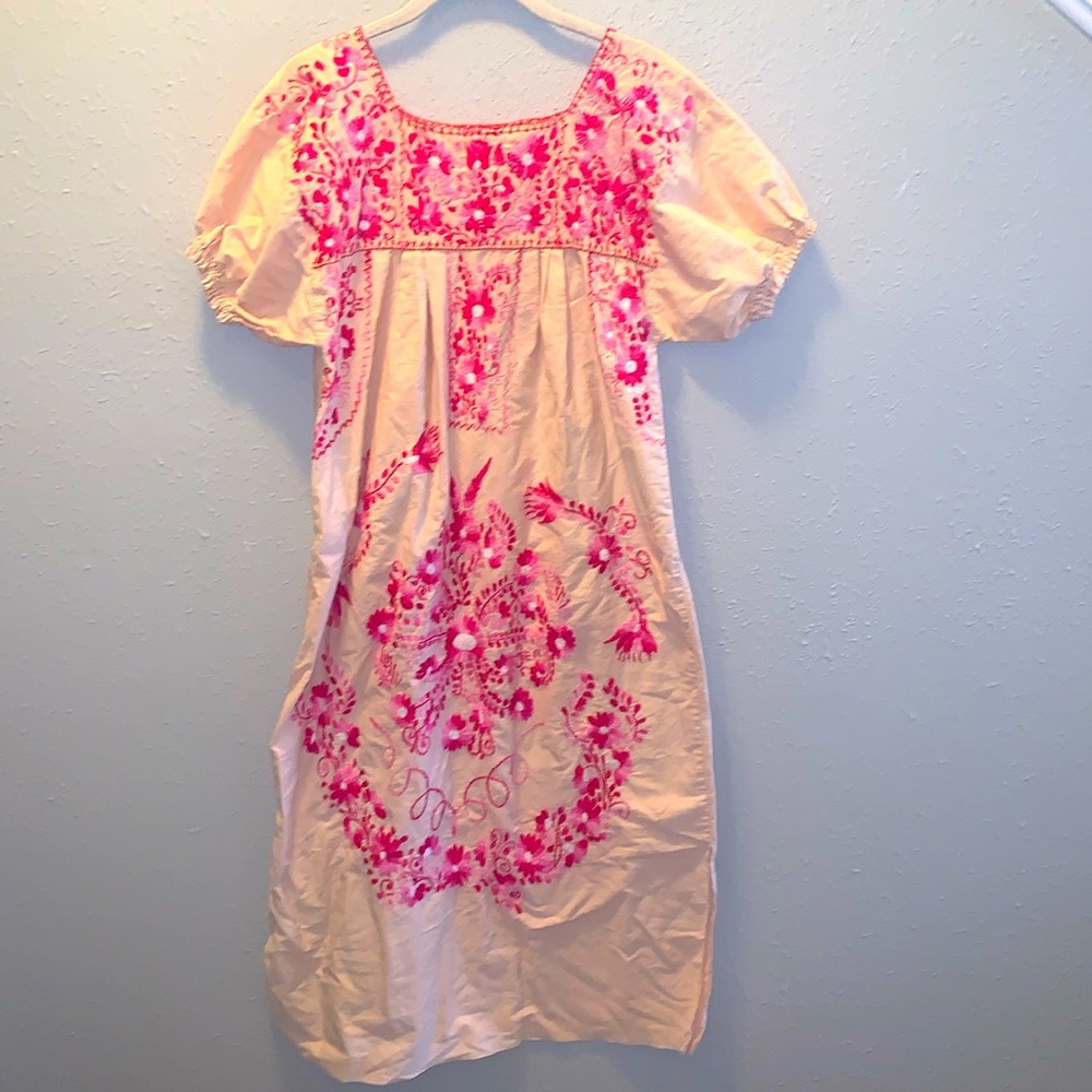 Embroidered Pink and Cream Midi Dress